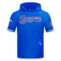 MLB TEXAS RANGERS CLÁSICO DE CHENILLA SUDADERA CON CAPUCHA DE PUNTO DOBLE DE MANGA CORTA PARA HOMBRE (AZUL REAL)
