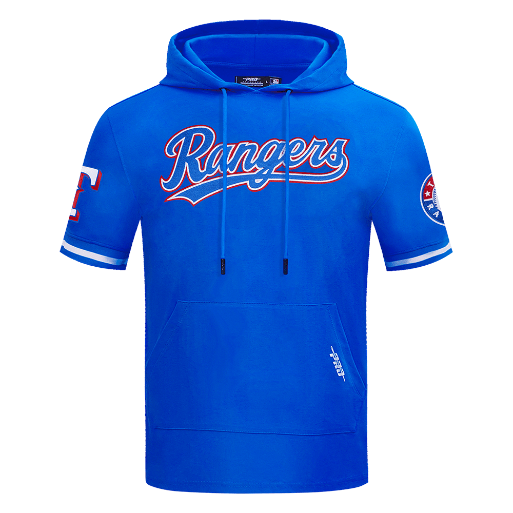 MLB TEXAS RANGERS CLÁSICO DE CHENILLA SUDADERA CON CAPUCHA DE PUNTO DOBLE DE MANGA CORTA PARA HOMBRE (AZUL REAL)