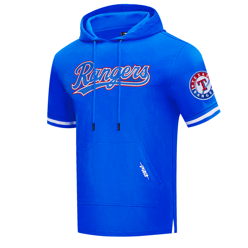 MLB TEXAS RANGERS CLÁSICO DE CHENILLA SUDADERA CON CAPUCHA DE PUNTO DOBLE DE MANGA CORTA PARA HOMBRE (AZUL REAL)