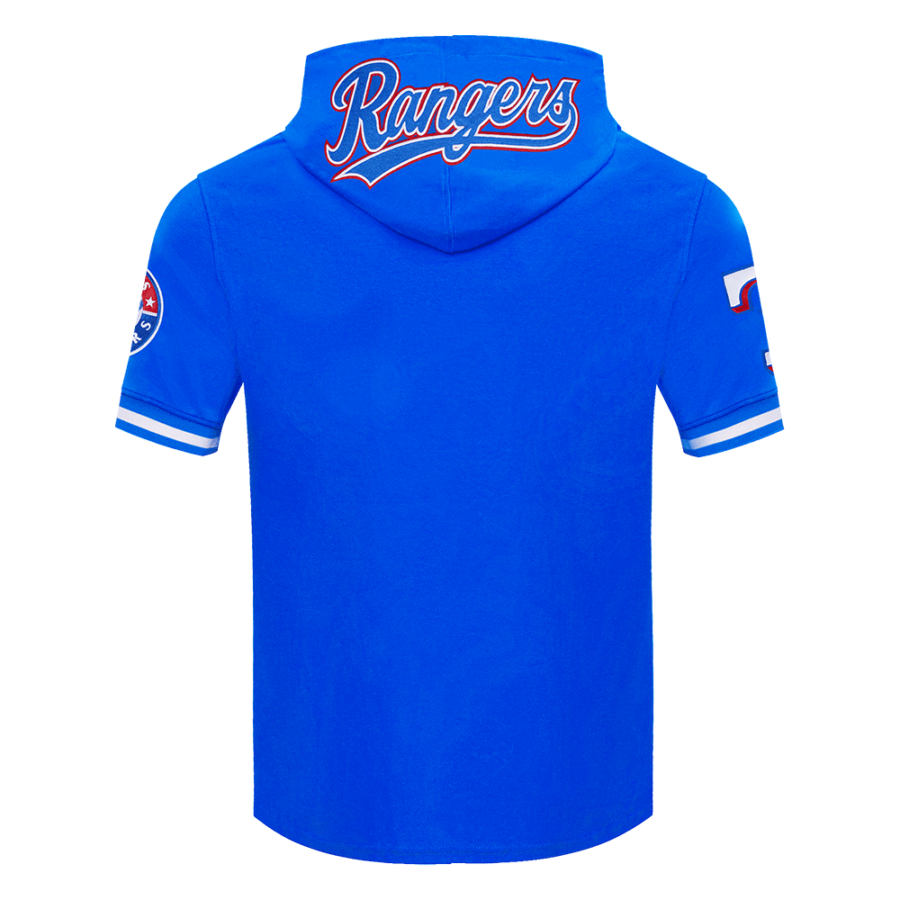 MLB TEXAS RANGERS CLÁSICO DE CHENILLA SUDADERA CON CAPUCHA DE PUNTO DOBLE DE MANGA CORTA PARA HOMBRE (AZUL REAL)