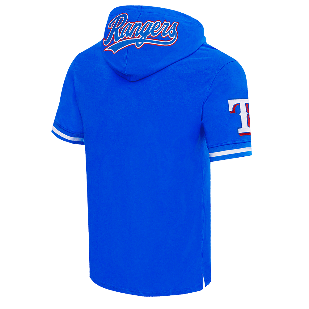 MLB TEXAS RANGERS CLÁSICO DE CHENILLA SUDADERA CON CAPUCHA DE PUNTO DOBLE DE MANGA CORTA PARA HOMBRE (AZUL REAL)