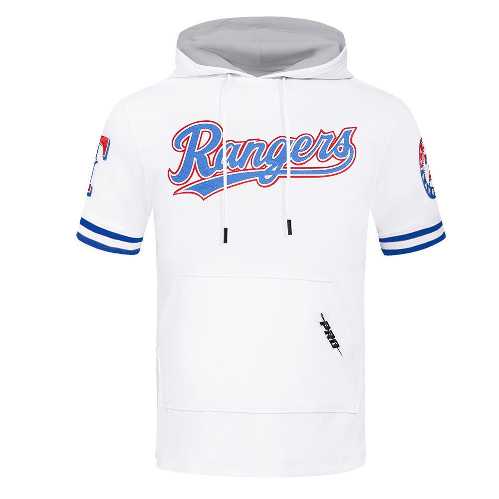MLB TEXAS RANGERS CLÁSICO DE CHENILLA SUDADERA CON CAPUCHA DE PUNTO DOBLE DE MANGA CORTA PARA HOMBRE (BLANCO/AZUL REAL)