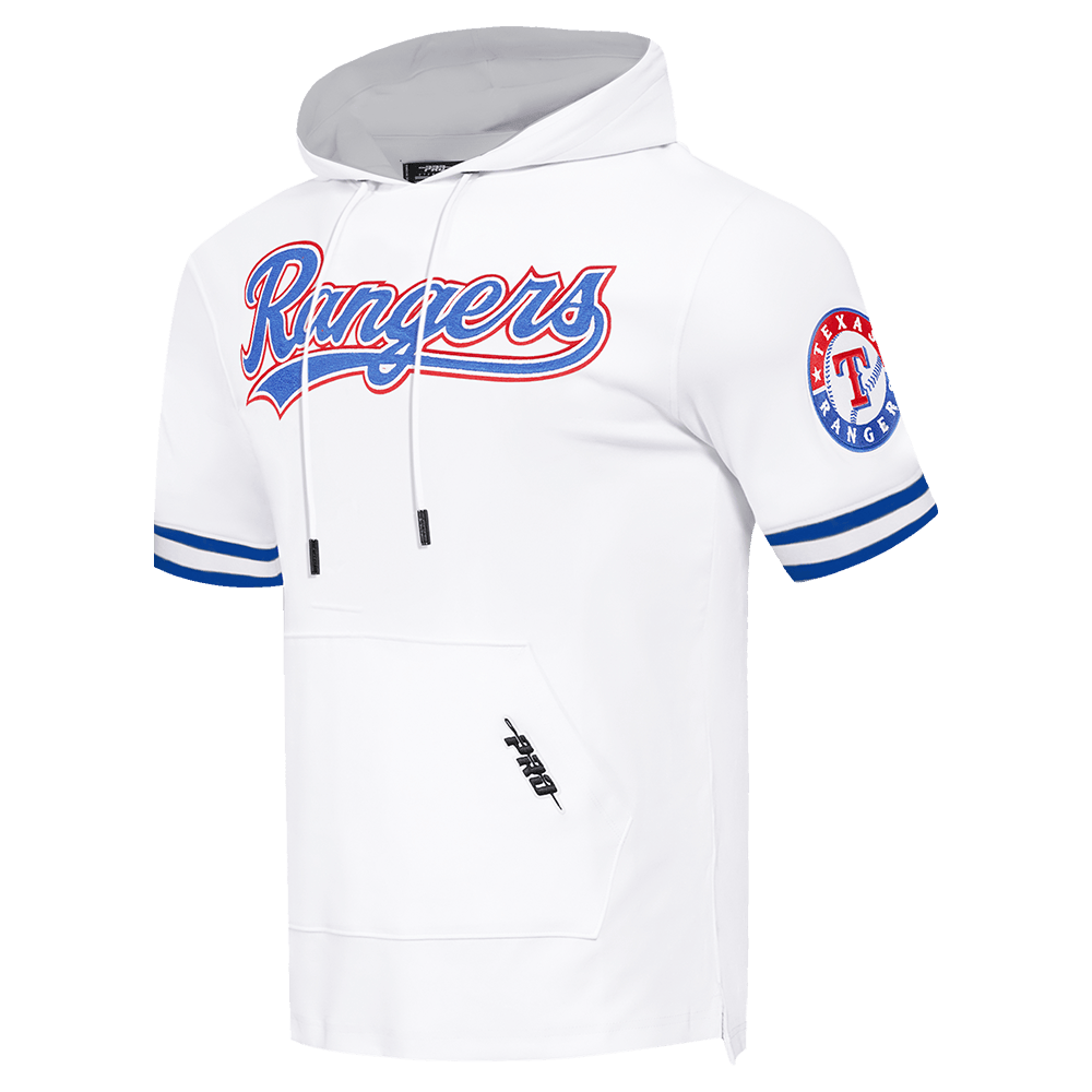 MLB TEXAS RANGERS CLÁSICO DE CHENILLA SUDADERA CON CAPUCHA DE PUNTO DOBLE DE MANGA CORTA PARA HOMBRE (BLANCO/AZUL REAL)