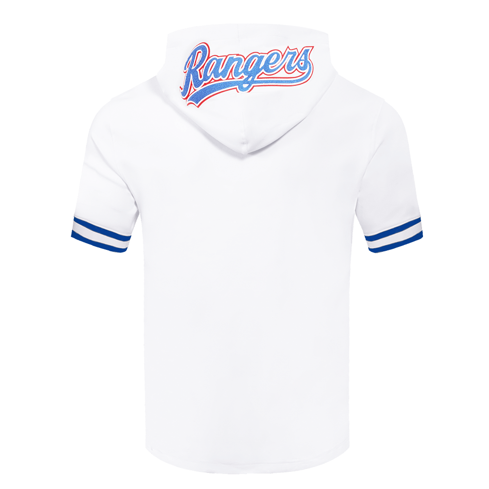 MLB TEXAS RANGERS CLÁSICO DE CHENILLA SUDADERA CON CAPUCHA DE PUNTO DOBLE DE MANGA CORTA PARA HOMBRE (BLANCO/AZUL REAL)