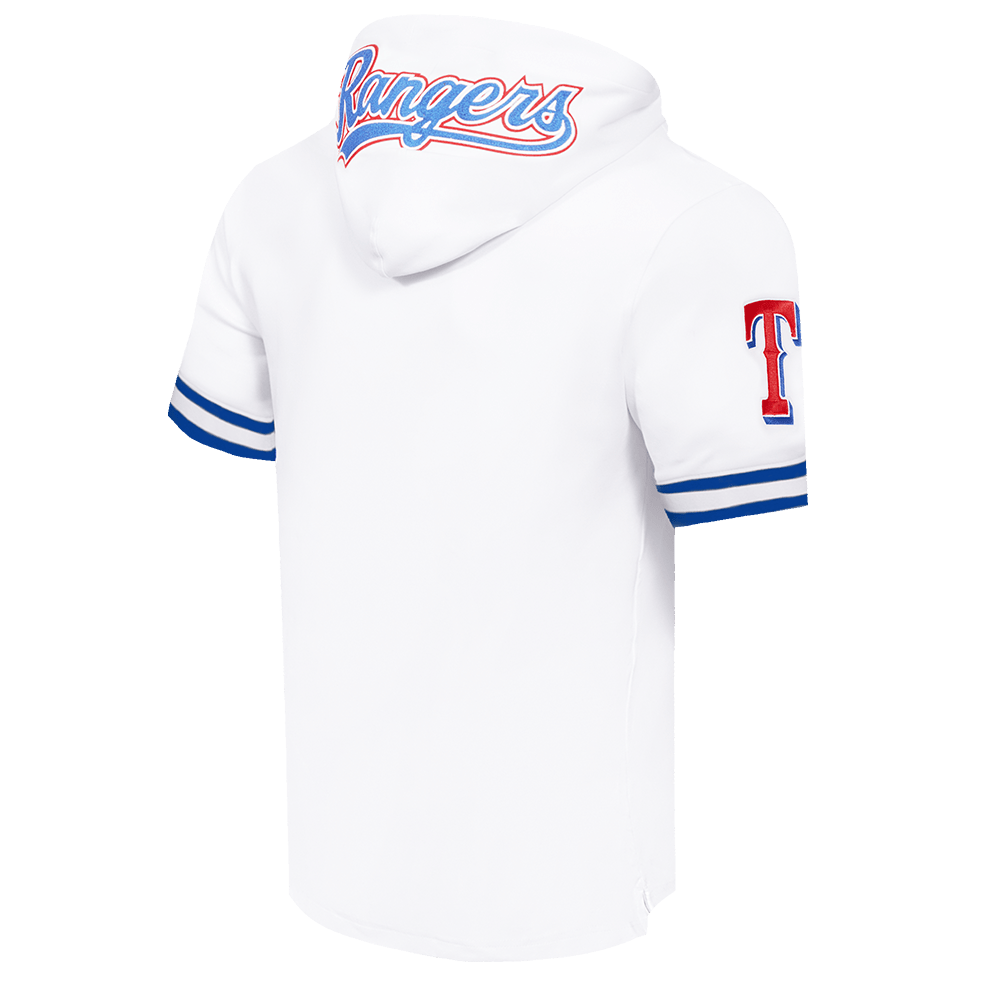 MLB TEXAS RANGERS CLÁSICO DE CHENILLA SUDADERA CON CAPUCHA DE PUNTO DOBLE DE MANGA CORTA PARA HOMBRE (BLANCO/AZUL REAL)