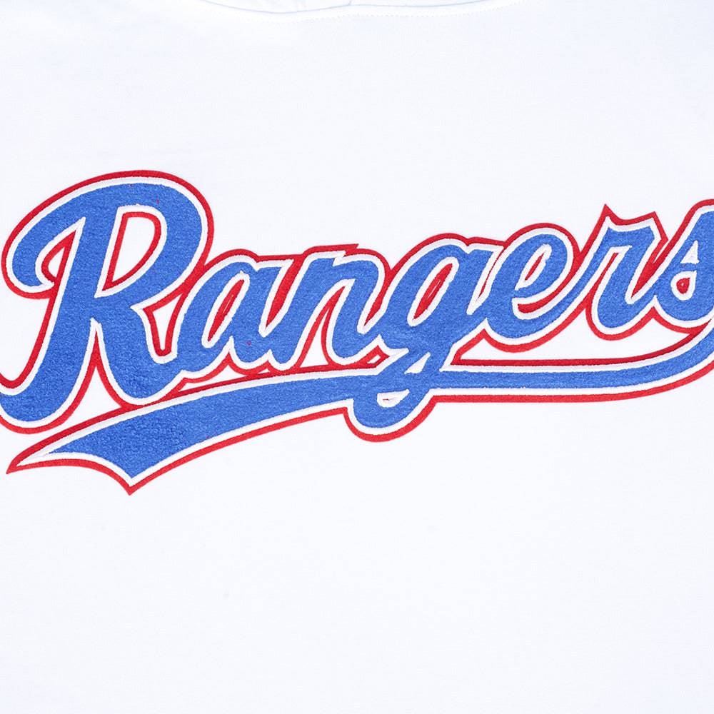 MLB TEXAS RANGERS CLÁSICO DE CHENILLA SUDADERA CON CAPUCHA DE PUNTO DOBLE DE MANGA CORTA PARA HOMBRE (BLANCO/AZUL REAL)
