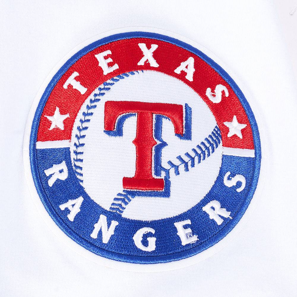 MLB TEXAS RANGERS CLÁSICO DE CHENILLA SUDADERA CON CAPUCHA DE PUNTO DOBLE DE MANGA CORTA PARA HOMBRE (BLANCO/AZUL REAL)
