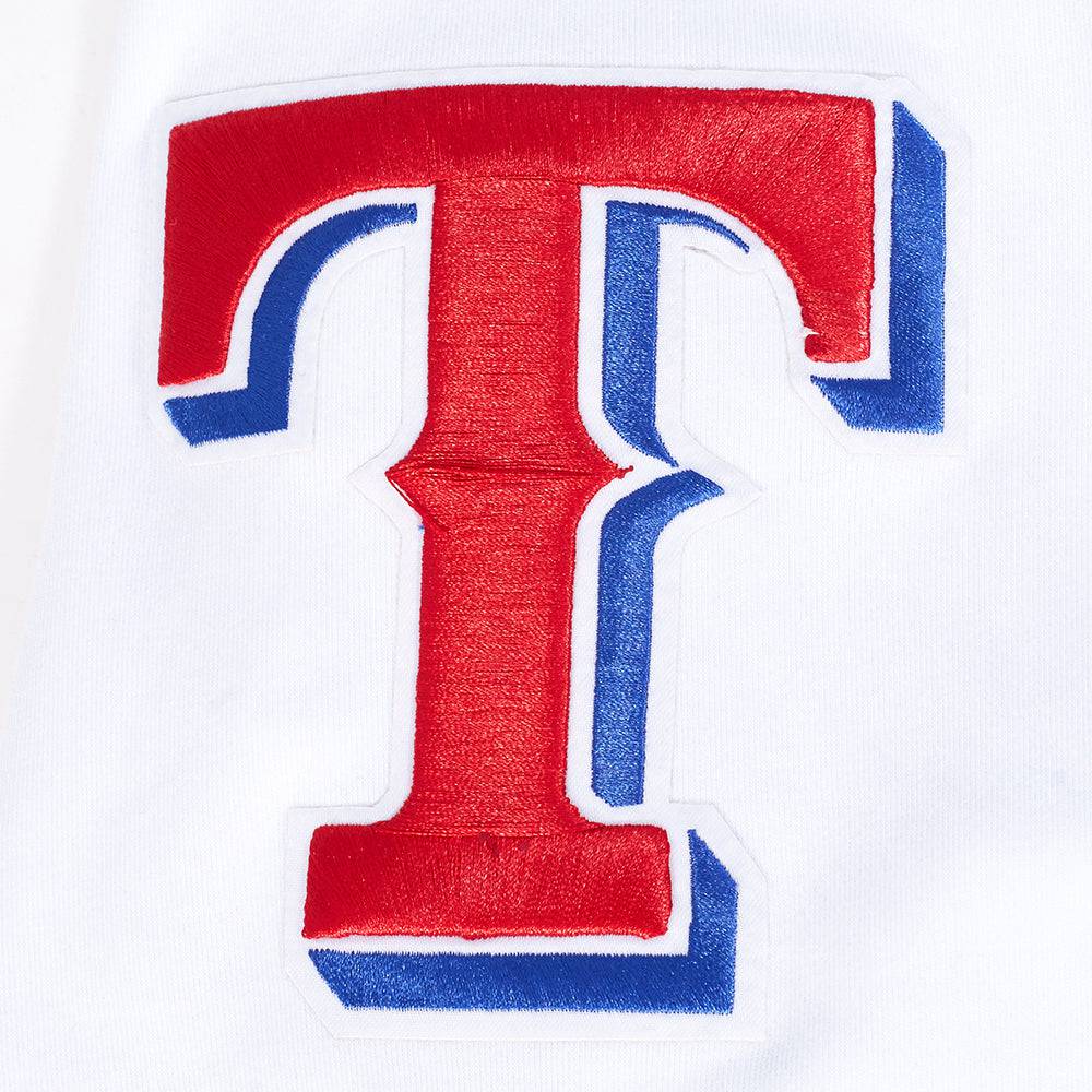 MLB TEXAS RANGERS CLÁSICO DE CHENILLA SUDADERA CON CAPUCHA DE PUNTO DOBLE DE MANGA CORTA PARA HOMBRE (BLANCO/AZUL REAL)