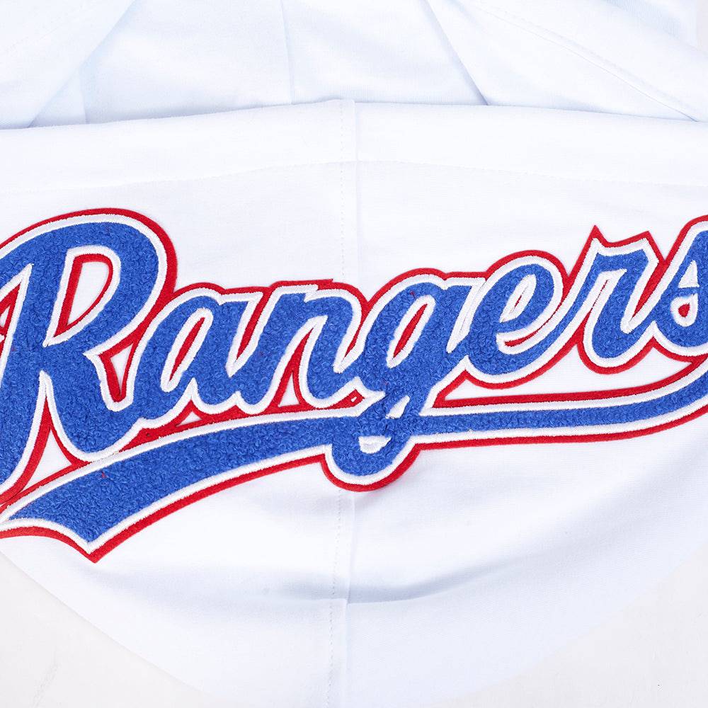 MLB TEXAS RANGERS CLÁSICO DE CHENILLA SUDADERA CON CAPUCHA DE PUNTO DOBLE DE MANGA CORTA PARA HOMBRE (BLANCO/AZUL REAL)