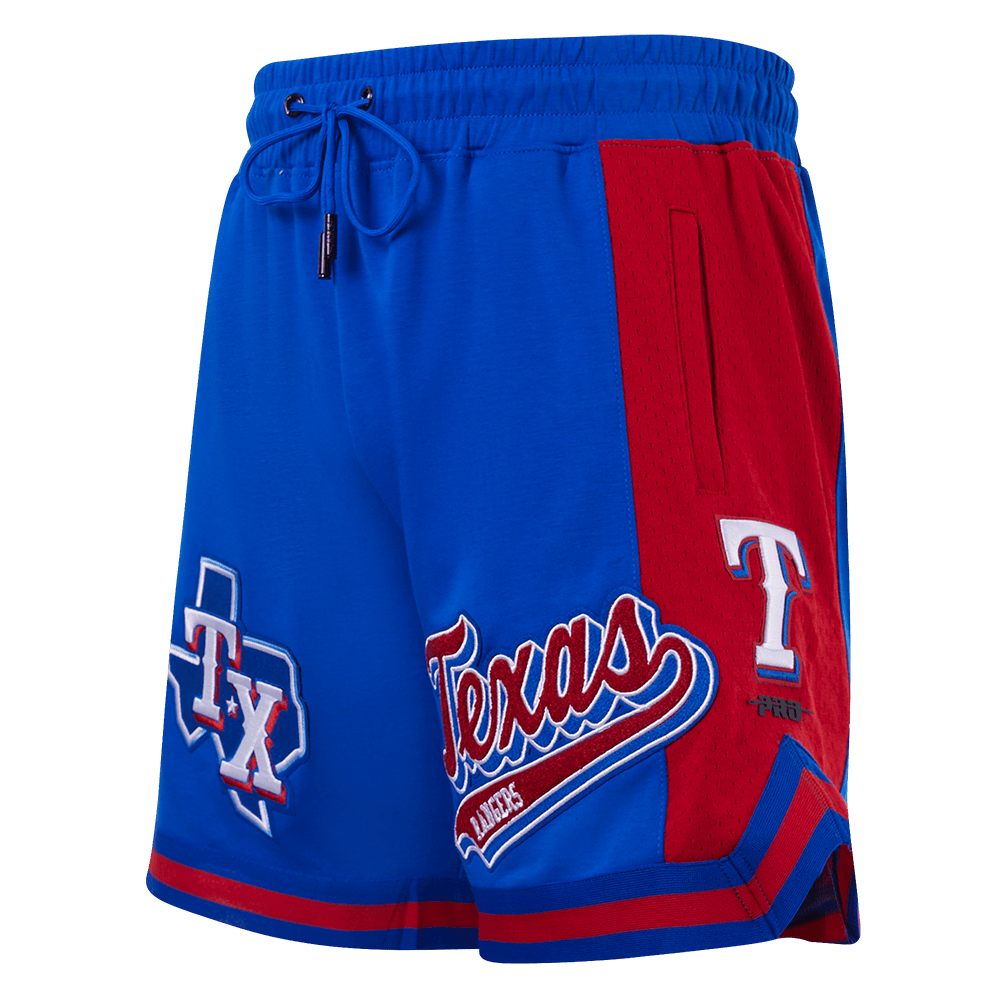 PANTALÓN CORTO DOBLE PUNTO 2.0 MLB TEXAS RANGERS SCRIPT TAIL PARA HOMBRE (AZUL REAL/ROJO)