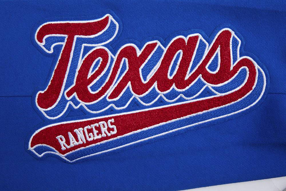 PANTALÓN DE CHÁNDAL DE FELPA ACANALADA PARA HOMBRE MLB TEXAS RANGERS SCRIPT TAIL (AZUL REAL/ROJO)