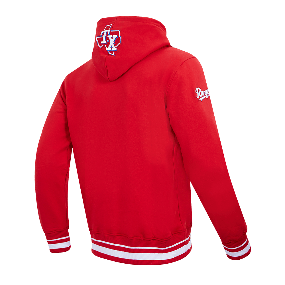 SUDADERA CON CAPUCHA DE FELPA ACANALADA PARA HOMBRE MLB TEXAS RANGERS SCRIPT TAIL (ROJA)