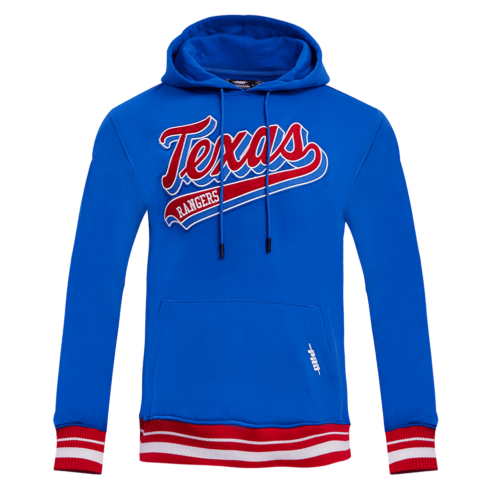 MLB TEXAS RANGERS SCRIPT TAIL MEN'S RIB FLEECE PULLOVER HOODIE (ROYAL BLUE/RED)
