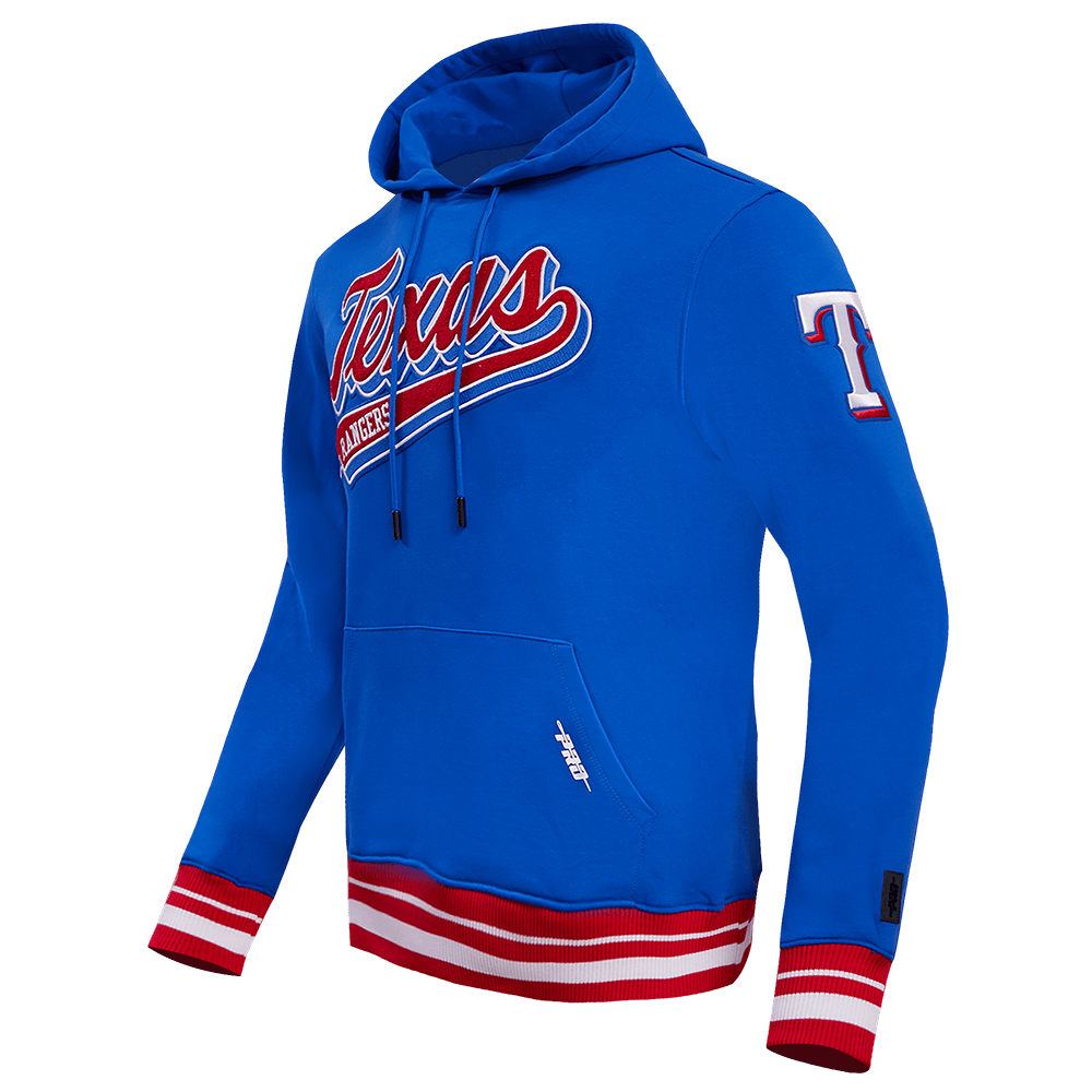 MLB TEXAS RANGERS SCRIPT TAIL MEN'S RIB FLEECE PULLOVER HOODIE (ROYAL BLUE/RED)