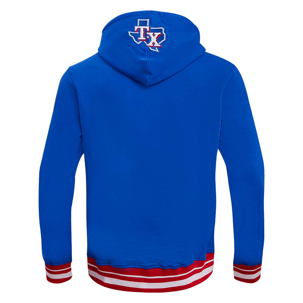 MLB TEXAS RANGERS SCRIPT TAIL MEN'S RIB FLEECE PULLOVER HOODIE (ROYAL BLUE/RED)