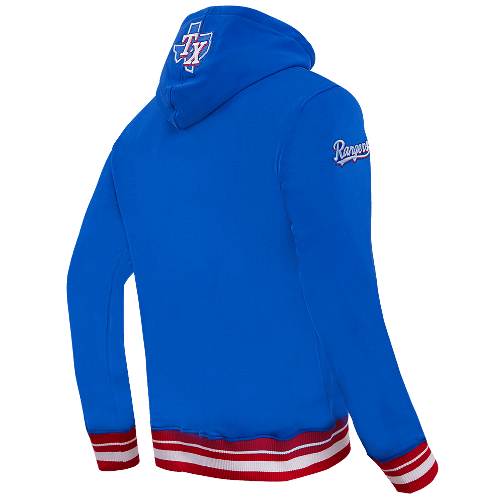 MLB TEXAS RANGERS SCRIPT TAIL MEN'S RIB FLEECE PULLOVER HOODIE (ROYAL BLUE/RED)
