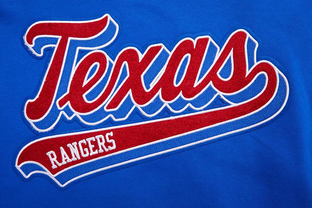MLB TEXAS RANGERS SCRIPT TAIL MEN'S RIB FLEECE PULLOVER HOODIE (ROYAL BLUE/RED)