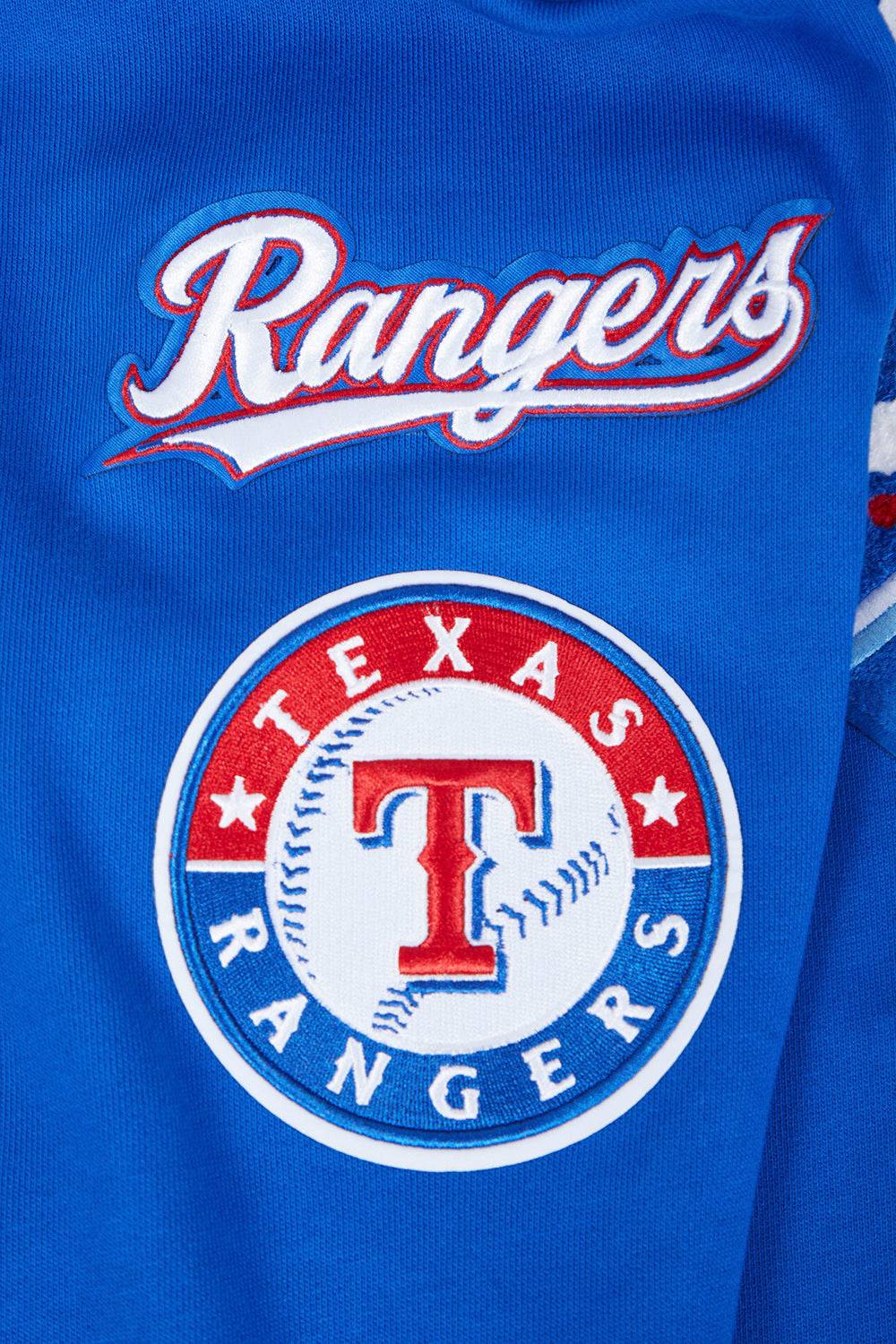 MLB TEXAS RANGERS MASHUP SUDADERA CON CAPUCHA Y CANALETAS PARA HOMBRE (AZUL REAL/ROJO)