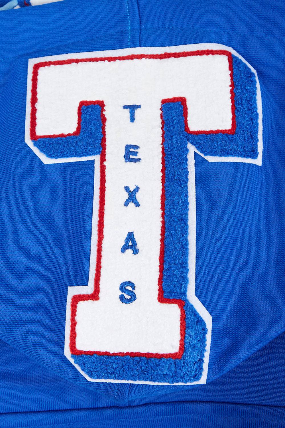 MLB TEXAS RANGERS MASHUP SUDADERA CON CAPUCHA Y CANALETAS PARA HOMBRE (AZUL REAL/ROJO)