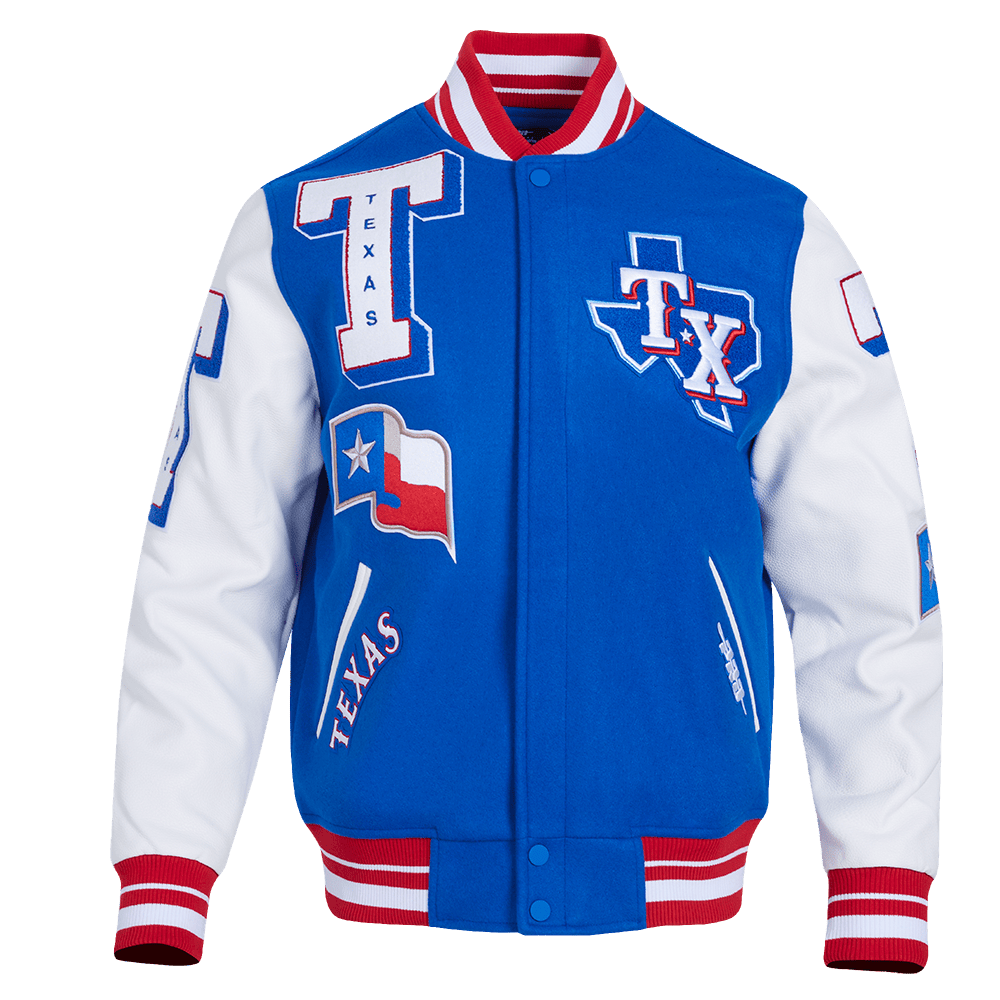 MLB TEXAS RANGERS MASHUP MEN'S RIB WOOL VARSITY JACKET (ROYAL BLUE/RED)