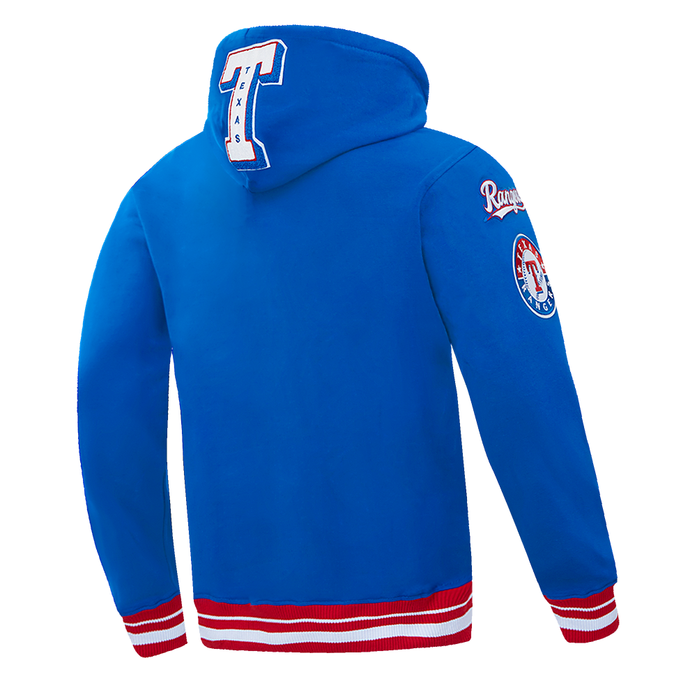 MLB TEXAS RANGERS MASHUP SUDADERA CON CAPUCHA Y CANALETAS PARA HOMBRE (AZUL REAL/ROJO)