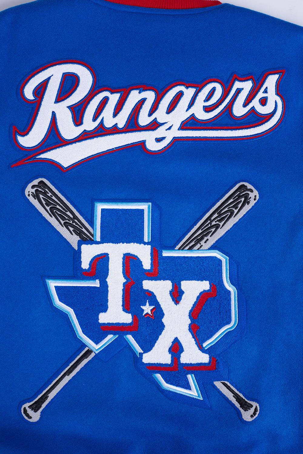 MLB TEXAS RANGERS MASHUP MEN'S RIB WOOL VARSITY JACKET (ROYAL BLUE/RED)