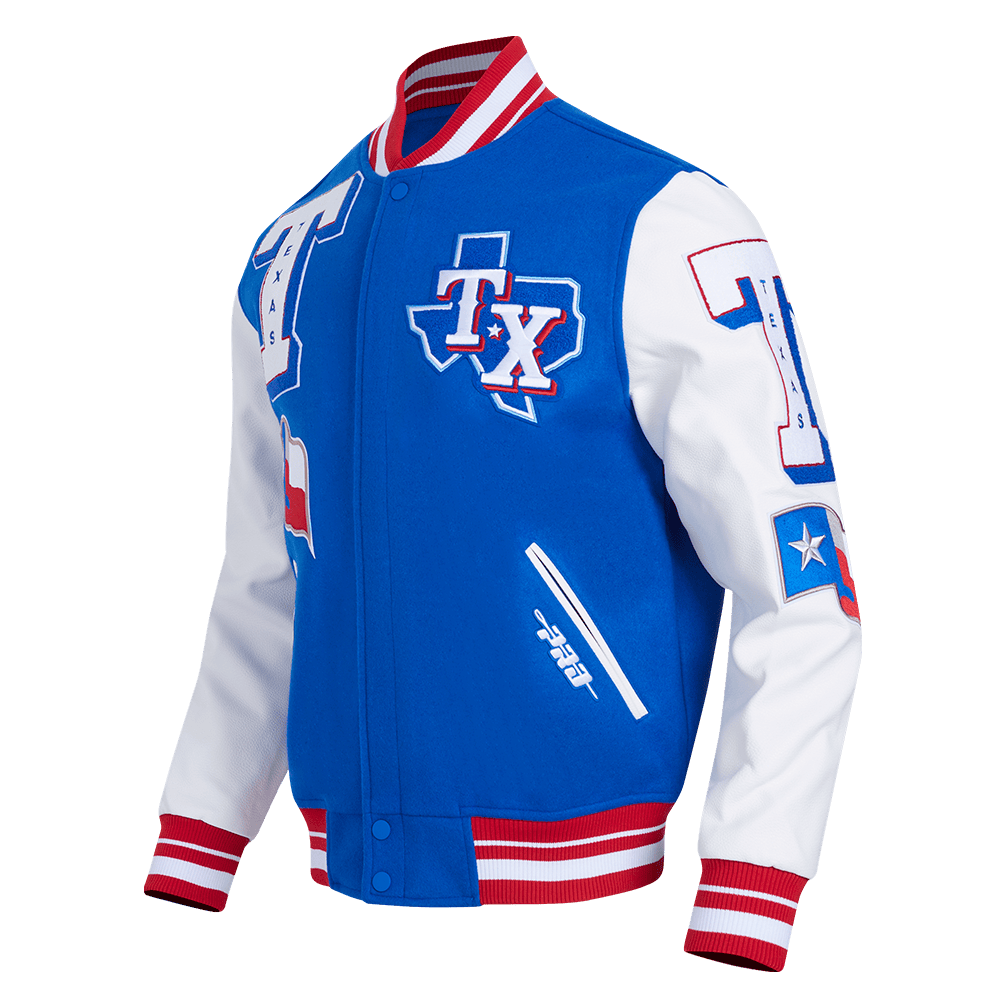 MLB TEXAS RANGERS MASHUP MEN'S RIB WOOL VARSITY JACKET (ROYAL BLUE/RED)