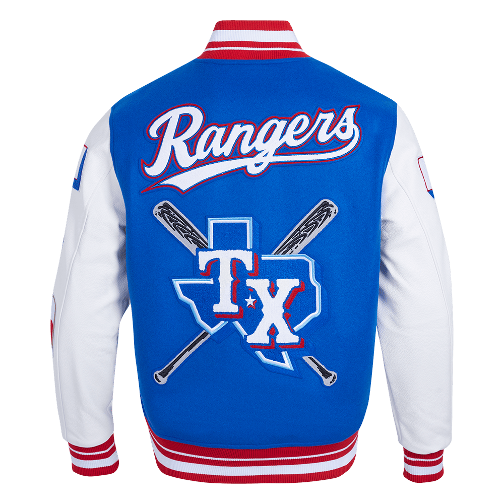 MLB TEXAS RANGERS MASHUP MEN'S RIB WOOL VARSITY JACKET (ROYAL BLUE/RED)