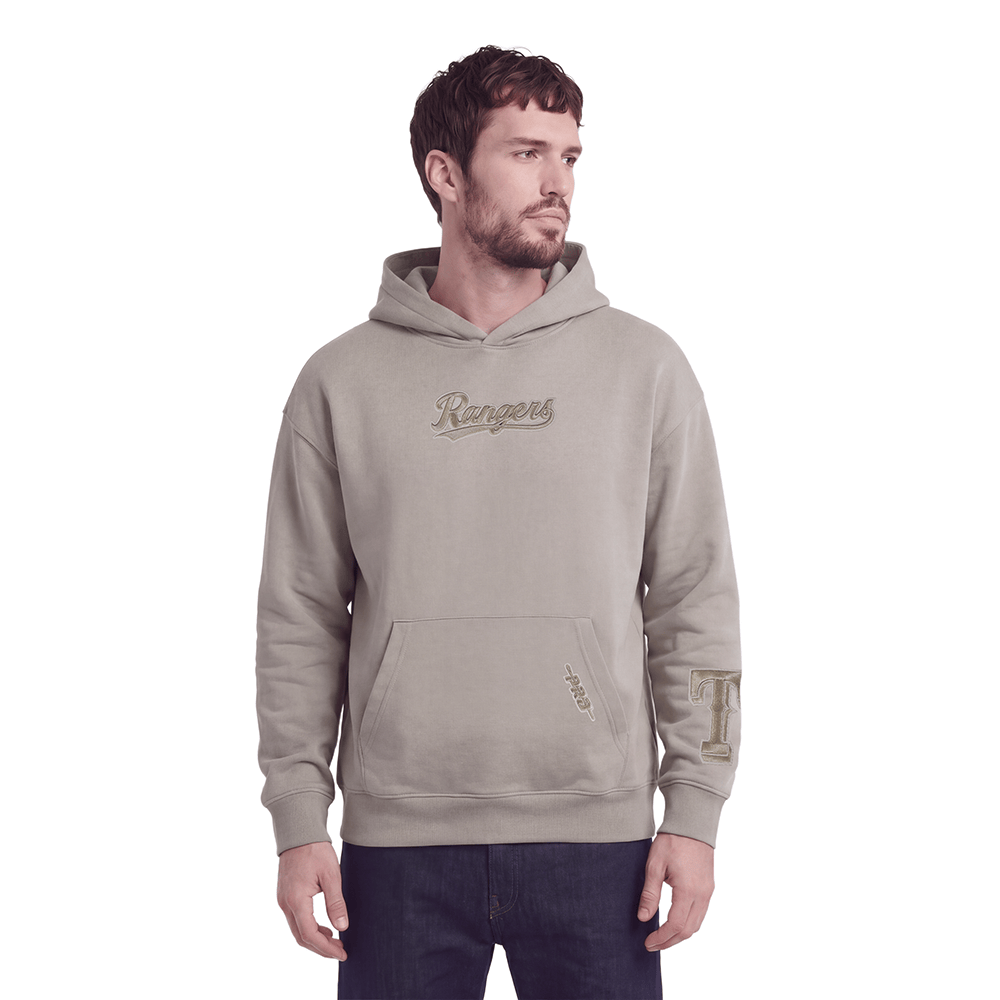 MLB TEXAS RANGERS WINGSPAN SUDADERA CON CAPUCHA DE FELPA PARA HOMBRE CON HOMBROS CAÍDOS (BEIGE)