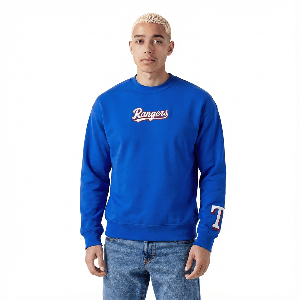 SUÉTER DE CUELLO REDONDO DE FELPA PARA HOMBRE MLB TEXAS RANGERS WINGSPAN (AZUL REAL)