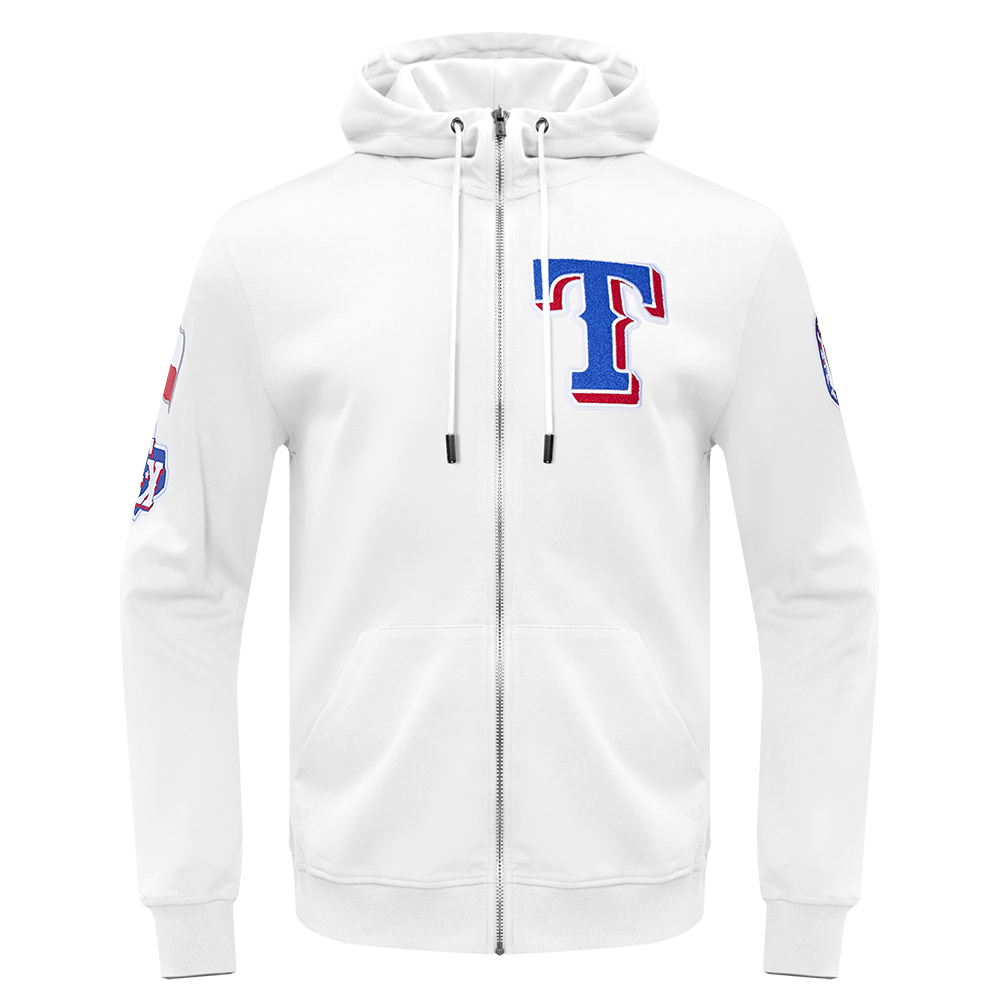 MLB TEXAS RANGERS SUDADERA CON CAPUCHA DE HOMBRE CON CREMALLERA COMPLETA Y CHENILLA CLÁSICA (BLANCA)