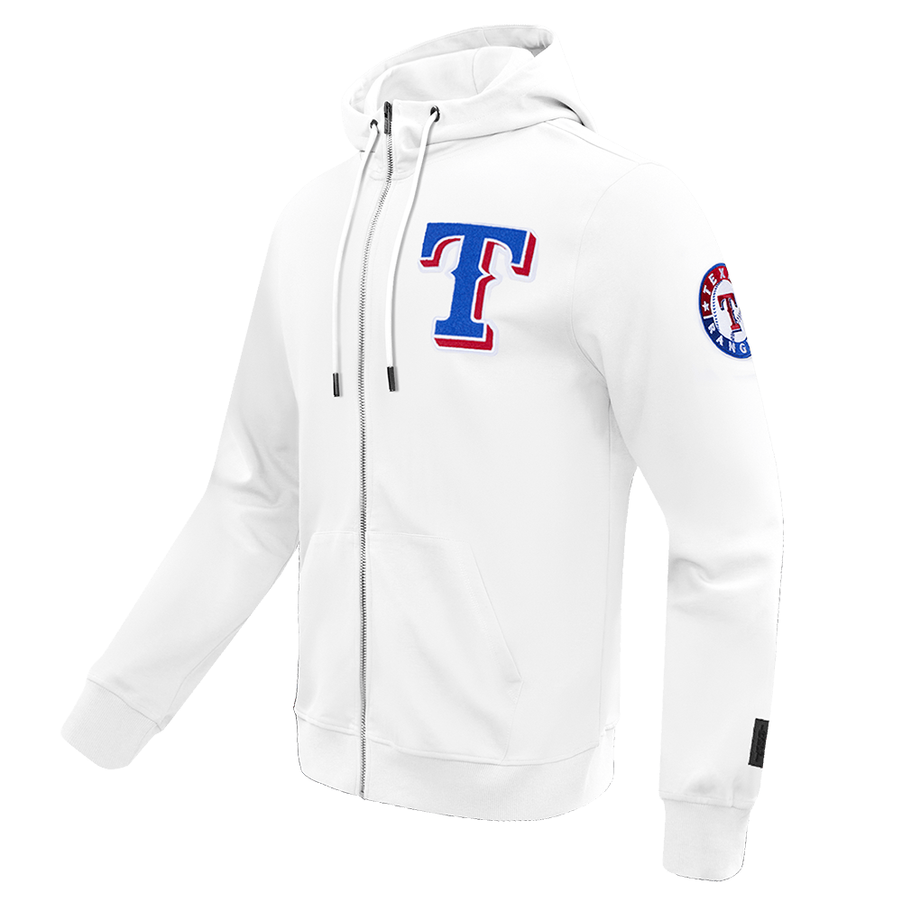 MLB TEXAS RANGERS SUDADERA CON CAPUCHA DE HOMBRE CON CREMALLERA COMPLETA Y CHENILLA CLÁSICA (BLANCA)