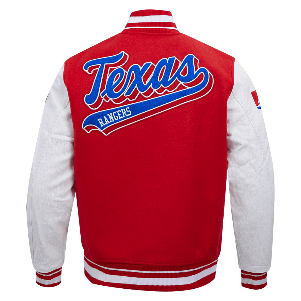 CORTAVIENTOS DE LANA ACANALADA PARA HOMBRE MLB TEXAS RANGERS SCRIPT TAIL (ROJO/BLANCO)
