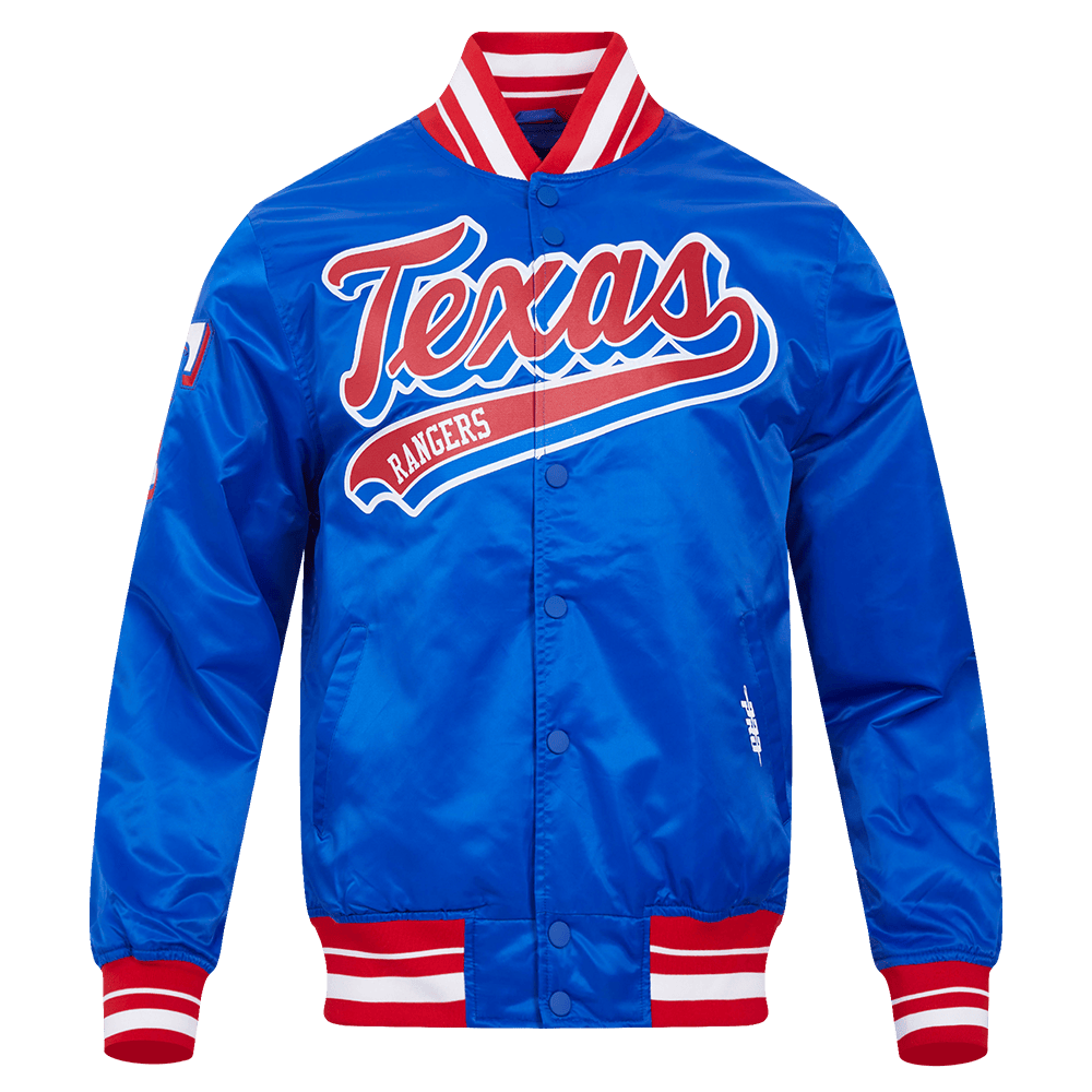 MLB TEXAS RANGERS SCRIPT TAIL MEN'S SATIN JACKET (ROYAL BLUE/RED)