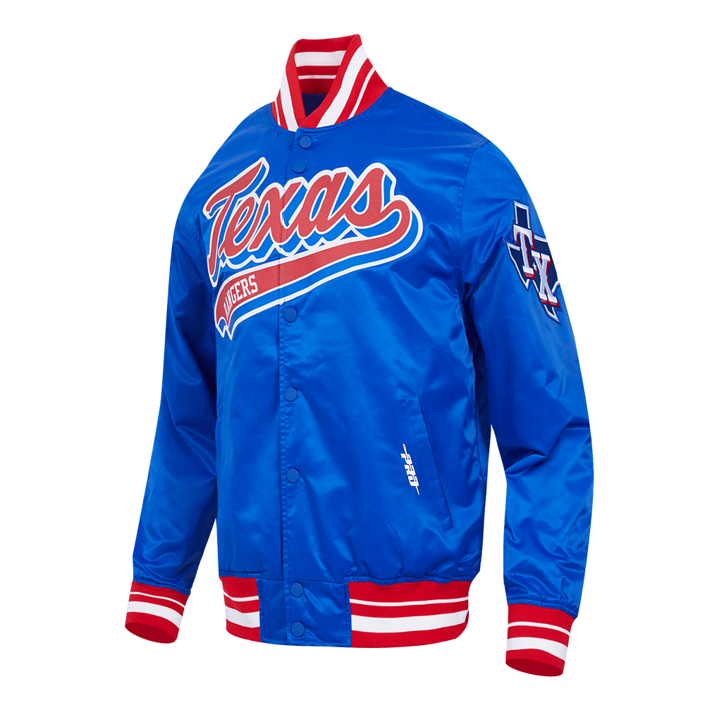 MLB TEXAS RANGERS SCRIPT TAIL MEN'S SATIN JACKET (ROYAL BLUE/RED)
