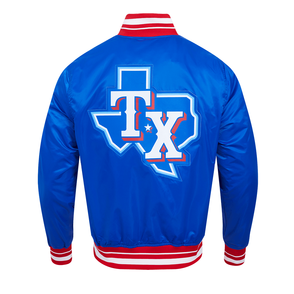 MLB TEXAS RANGERS SCRIPT TAIL MEN'S SATIN JACKET (ROYAL BLUE/RED)
