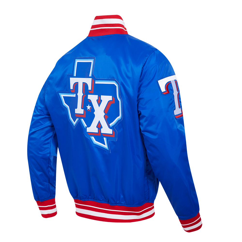 MLB TEXAS RANGERS SCRIPT TAIL MEN'S SATIN JACKET (ROYAL BLUE/RED)