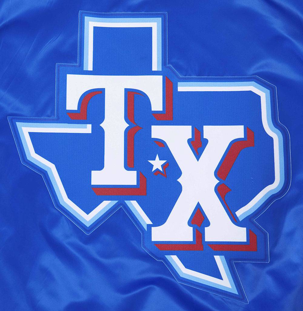 MLB TEXAS RANGERS SCRIPT TAIL MEN'S SATIN JACKET (ROYAL BLUE/RED)