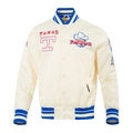 CHAQUETA RETRO CLÁSICA DE SATÉN CON CANALÉ PARA HOMBRE MLB TEXAS RANGERS (BLANCO HUESO/AZUL REAL)
