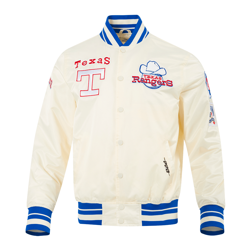 CHAQUETA RETRO CLÁSICA DE SATÉN CON CANALÉ PARA HOMBRE MLB TEXAS RANGERS (BLANCO HUESO/AZUL REAL)