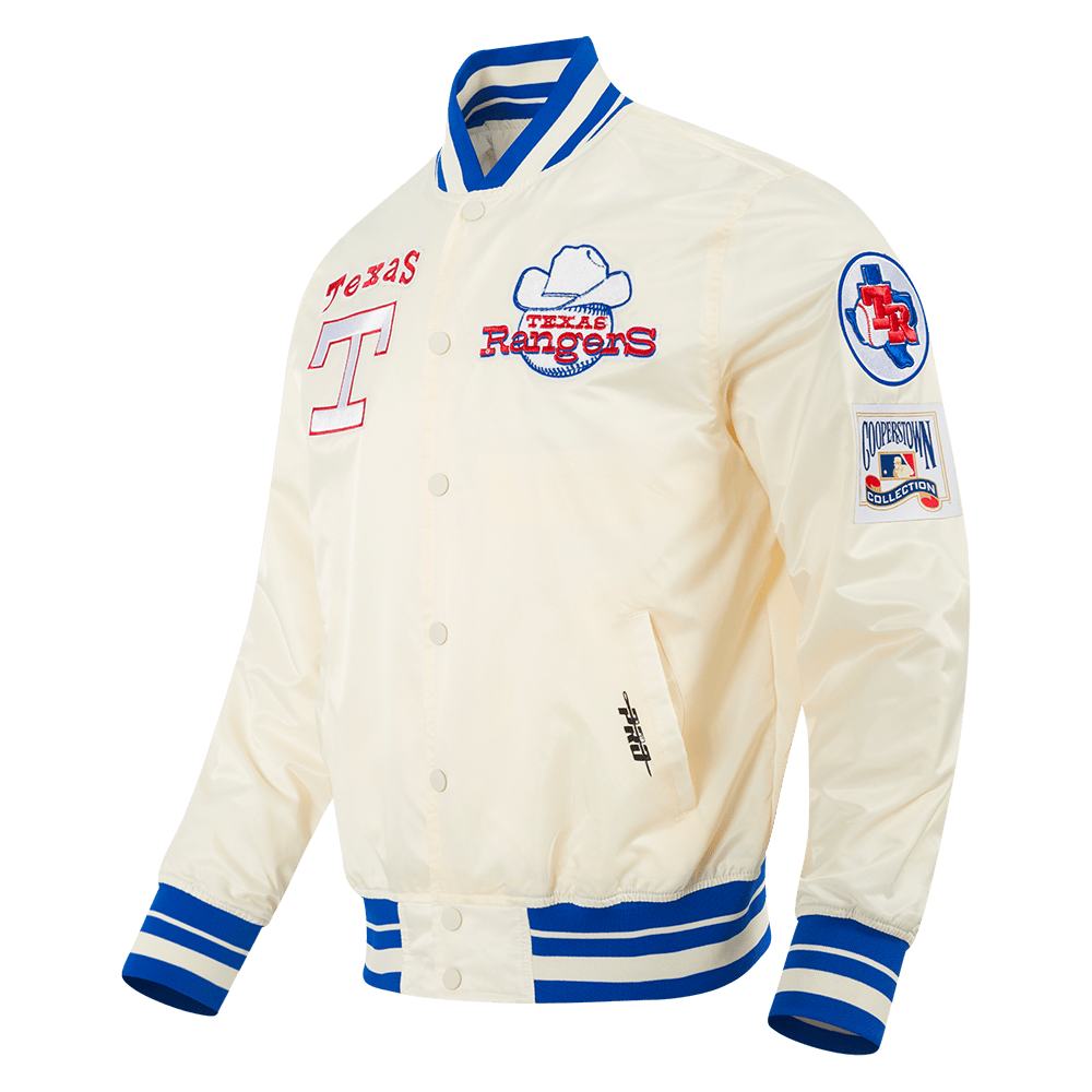 CHAQUETA RETRO CLÁSICA DE SATÉN CON CANALÉ PARA HOMBRE MLB TEXAS RANGERS (BLANCO HUESO/AZUL REAL)