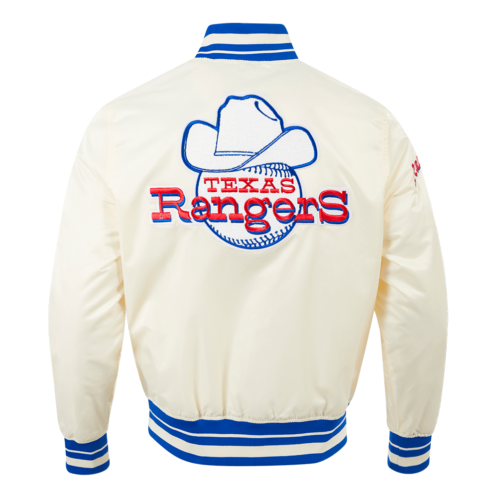CHAQUETA RETRO CLÁSICA DE SATÉN CON CANALÉ PARA HOMBRE MLB TEXAS RANGERS (BLANCO HUESO/AZUL REAL)