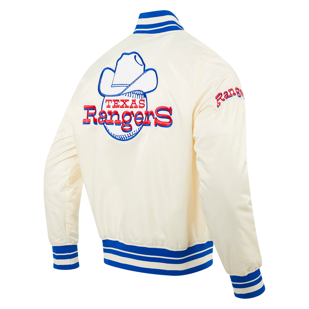 CHAQUETA RETRO CLÁSICA DE SATÉN CON CANALÉ PARA HOMBRE MLB TEXAS RANGERS (BLANCO HUESO/AZUL REAL)