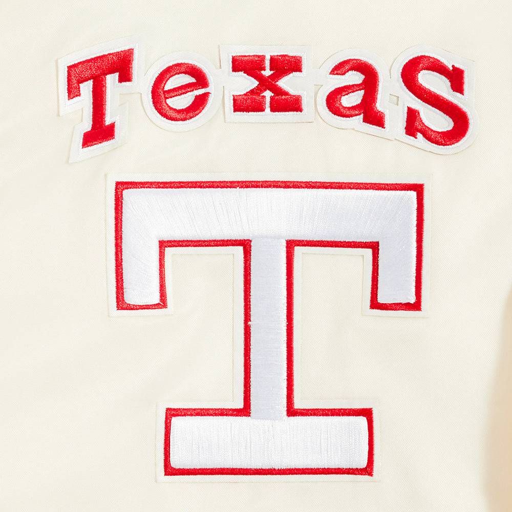 CHAQUETA RETRO CLÁSICA DE SATÉN CON CANALÉ PARA HOMBRE MLB TEXAS RANGERS (BLANCO HUESO/AZUL REAL)