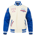 CHAQUETA UNIVERSITARIA DE CANALÉ PARA HOMBRE MLB TEXAS RANGERS RETRO CLÁSICA (BLANCO HUESO/AZUL REAL)