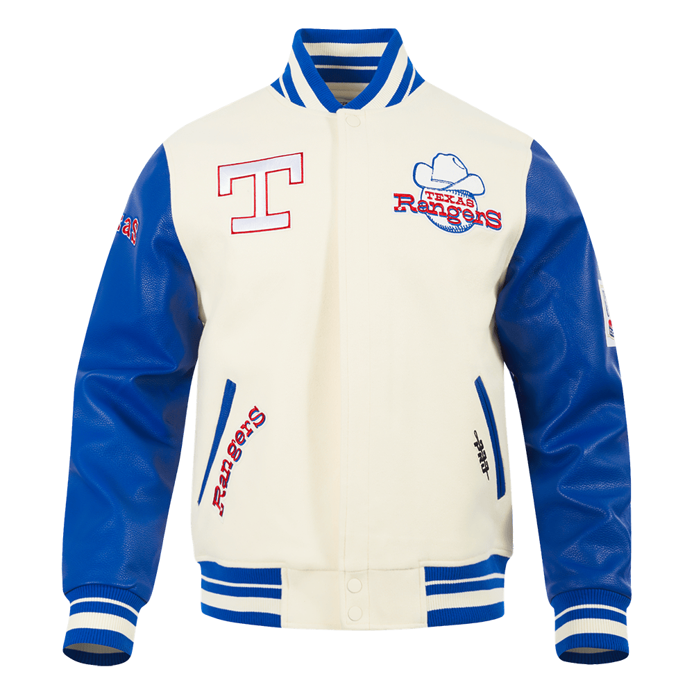 CHAQUETA UNIVERSITARIA DE CANALÉ PARA HOMBRE MLB TEXAS RANGERS RETRO CLÁSICA (BLANCO HUESO/AZUL REAL)