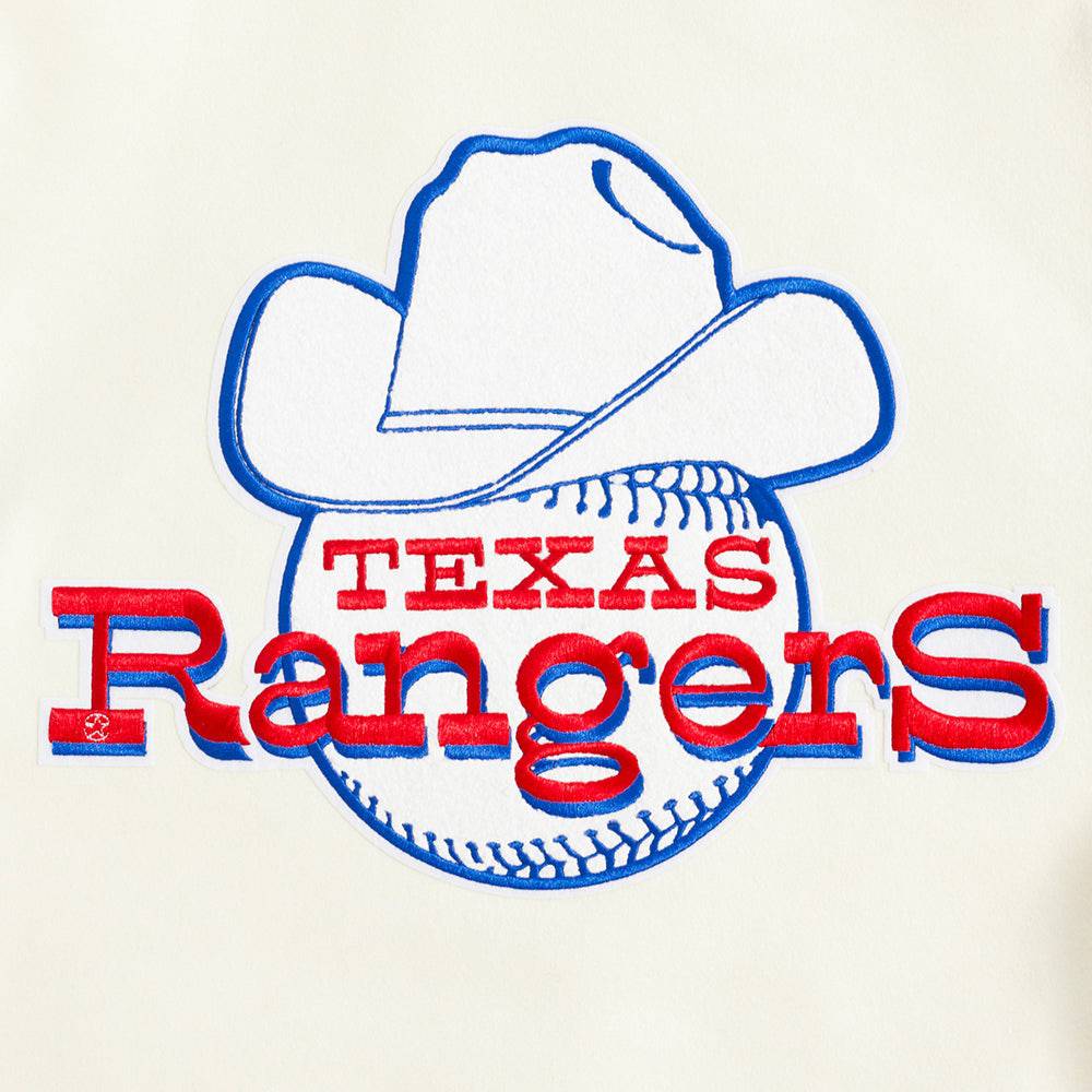 CHAQUETA UNIVERSITARIA DE CANALÉ PARA HOMBRE MLB TEXAS RANGERS RETRO CLÁSICA (BLANCO HUESO/AZUL REAL)