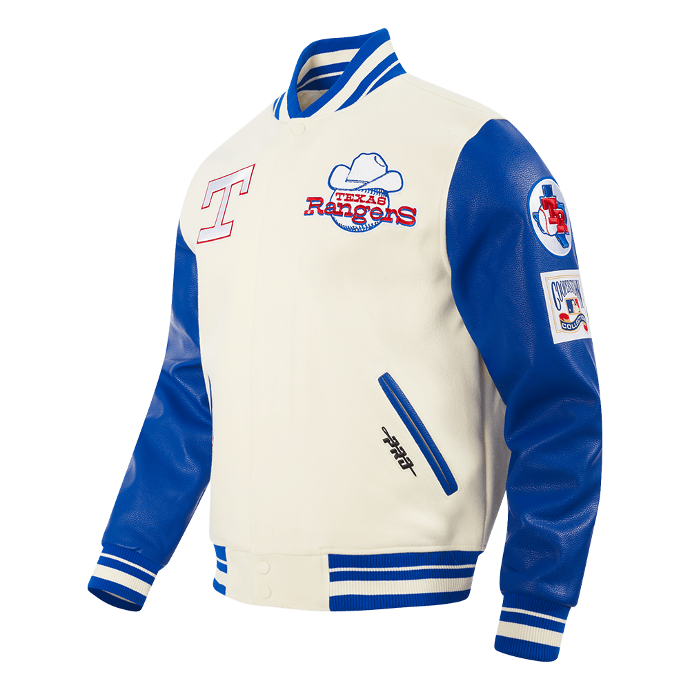 CHAQUETA UNIVERSITARIA DE CANALÉ PARA HOMBRE MLB TEXAS RANGERS RETRO CLÁSICA (BLANCO HUESO/AZUL REAL)