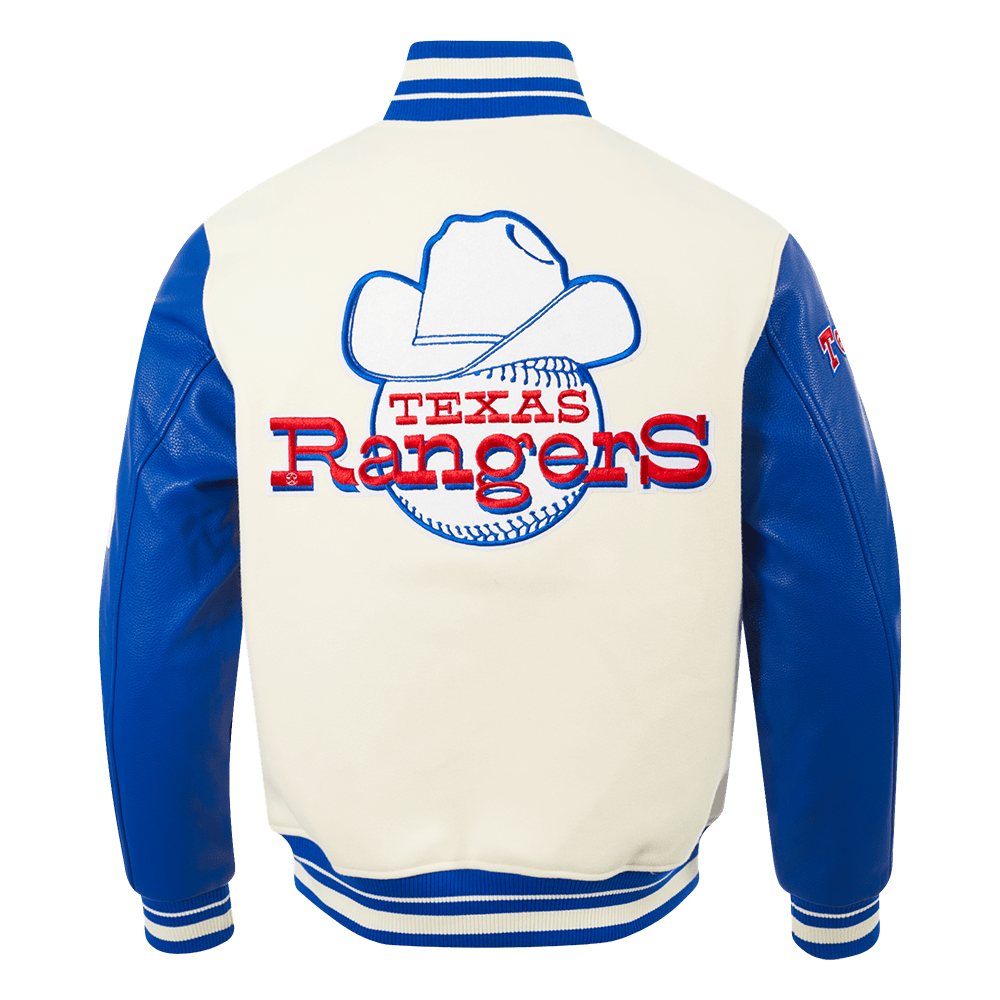 CHAQUETA UNIVERSITARIA DE CANALÉ PARA HOMBRE MLB TEXAS RANGERS RETRO CLÁSICA (BLANCO HUESO/AZUL REAL)