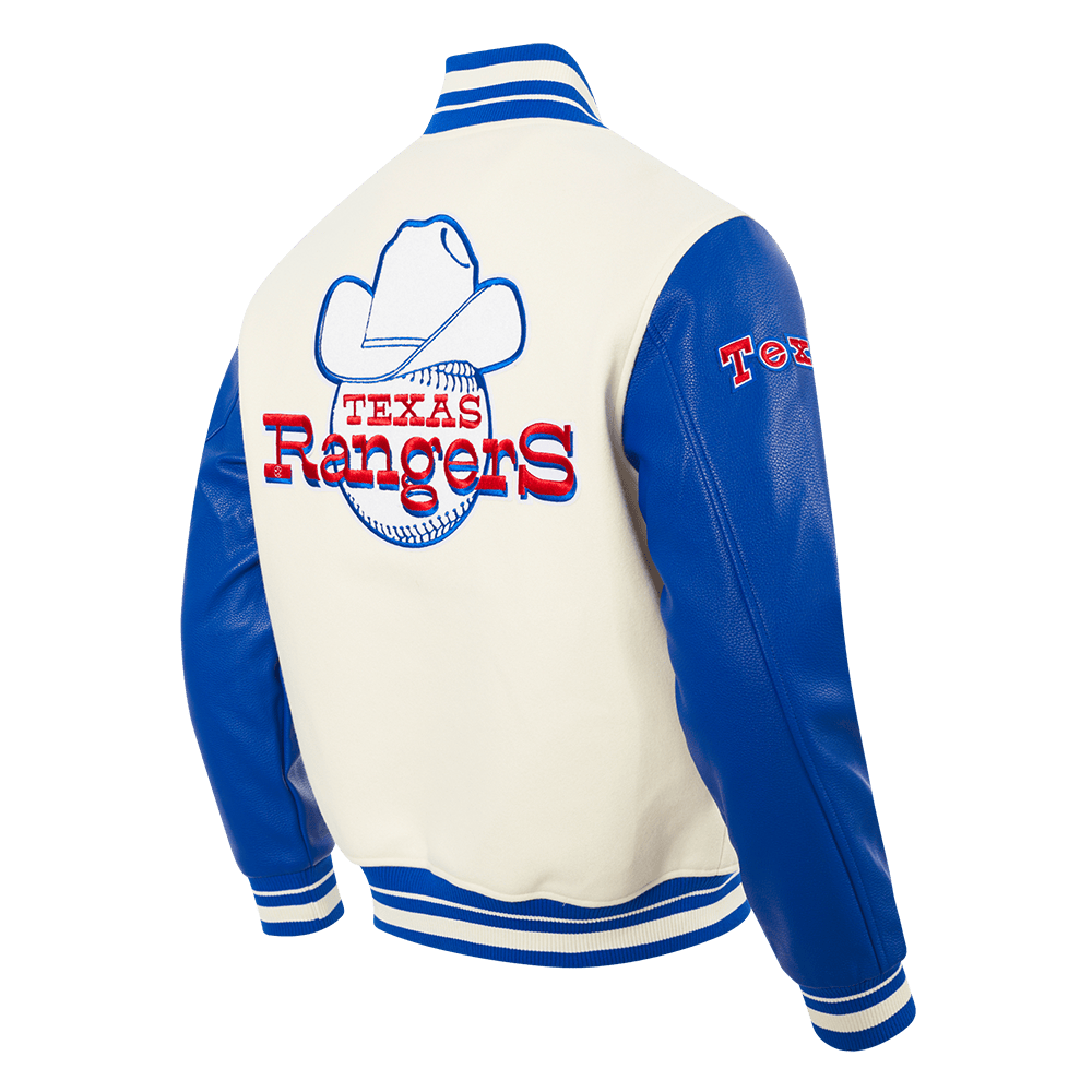 CHAQUETA UNIVERSITARIA DE CANALÉ PARA HOMBRE MLB TEXAS RANGERS RETRO CLÁSICA (BLANCO HUESO/AZUL REAL)